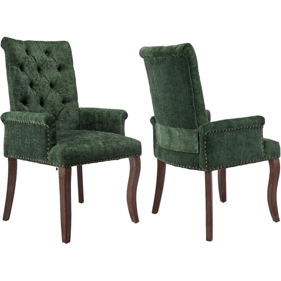 Lovableguy Mid Century Chenille Dining Chairs Set of 2,Upholstered Tufted Kitchen Side Chairs with Armrests and Solid Wood Frame & Legs,for Dining, Kitchen & Living Room,Olive green
