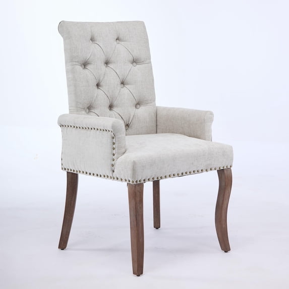 Lovableguy Mid Century Chenille Dining Chairs,Upholstered Tufted Kitchen Side Chairs with Armrests and Solid Wood Frame & Legs,for Dining, Kitchen & Living Room,Beige