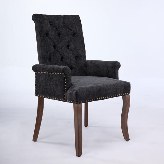 Lovableguy Mid Century Chenille Dining Chairs,Upholstered Tufted Kitchen Side Chairs with Armrests and Solid Wood Frame & Legs,for Dining, Kitchen & Living Room,Black