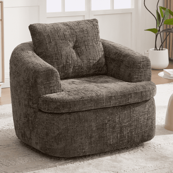 Lovableguy Modern 360° Swivel Barrel Accent Chair, Chenille Deep Seat Round Sofa Chair with Dual-Layer Cushion for Living Room Bedroom Office,Brown