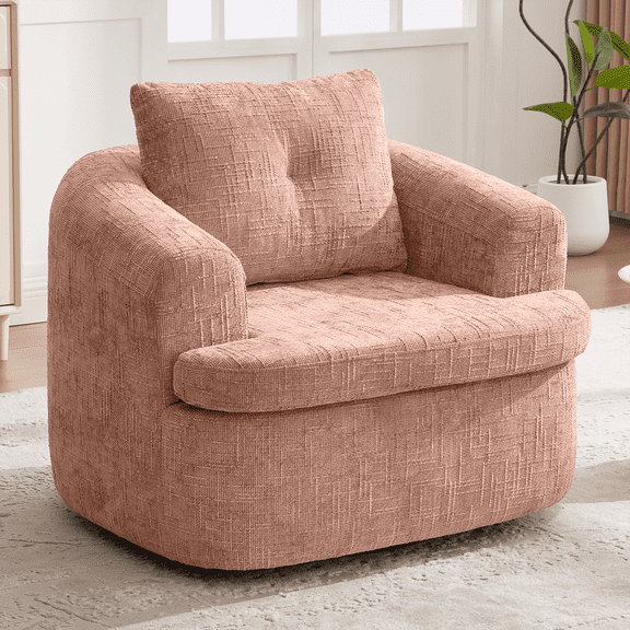 Lovableguy Modern 360° Swivel Barrel Accent Chair, Chenille Deep Seat Round Sofa Chair with Dual-Layer Cushion for Living Room Bedroom Office,Pink