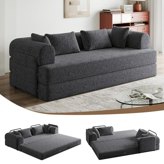 Lovableguy Modern Convertible Floor Sofa Bed,Chenille Folding Boneless Couch Bed with Side Pocket & 4 Pillows,Compressed Cloud Sleeper Sofa Bed for Living Room Guest Room,grey