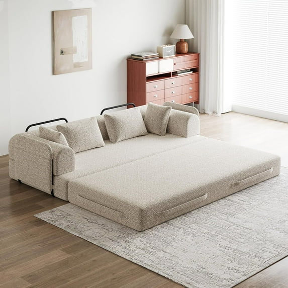 Lovableguy Modern Convertible Floor Sofa Bed,Chenille Folding Boneless Couch Bed with Side Pocket & 4 Pillows,Compressed Cloud Sleeper Sofa Bed for Living Room Guest Room,Khaki