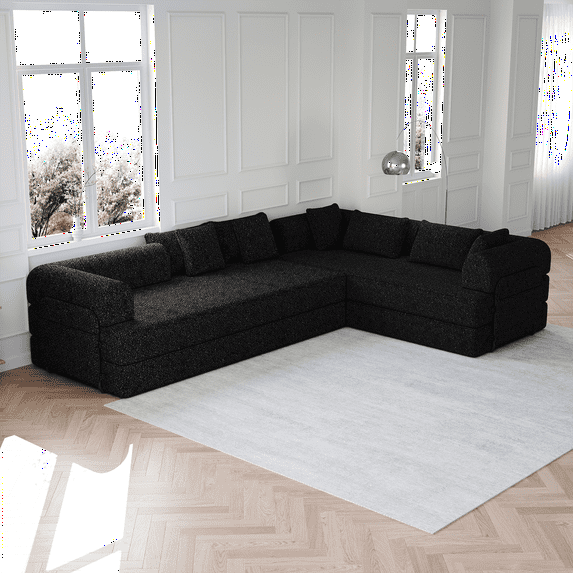 Lovableguy Modern Convertible Floor Sofa Bed,Chenille Folding Boneless Couch Bed with Side Pocket & 4 Pillows,Compressed Cloud Sleeper Sofa Bed for Living Room Guest Room,2PCS,Black