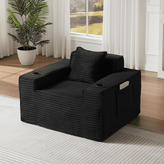 Lovableguy Modern Corduroy Boneless Couch,Deep Seat Single Cloud Sofa Couch with Cup Holder ＆ Side pocket,No Assembly Required,for Compact Living Rooms,Apartments,Black