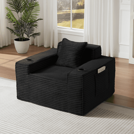 Lovableguy Modern Corduroy Boneless Couch,Deep Seat Single Cloud Sofa Couch with Cup Holder & Side pocket,No Assembly Required,for Compact Living Rooms,Apartments,Black