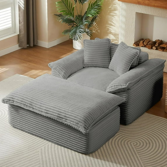 Lovableguy Modern Oversized Chaise Lounge Chair Indoor,Corduroy Deep seat Single Lounge Sofa with Ottoman,Sleeper Couch for Living Room,Bedroom,No Assembly Required,No Assembly Required,Grey