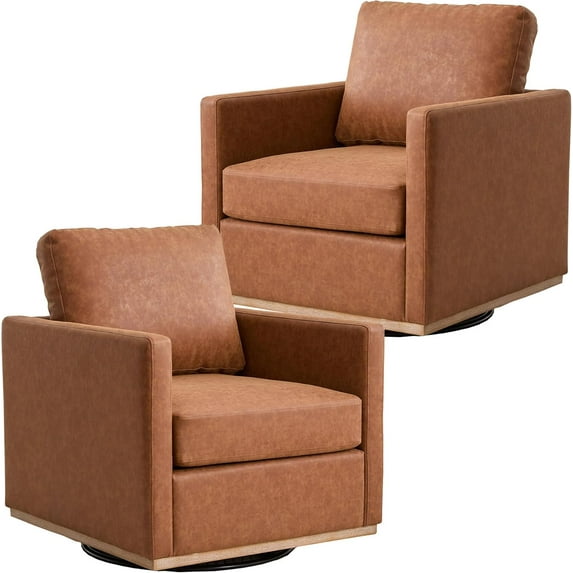 Lovableguy Modern Swivel Accent Chair Set of 2,360 Degree Upholstered Barrel Chair Armchair,Comfy Single Sofa for Living Room Bedroom Nursery,PU,Brown