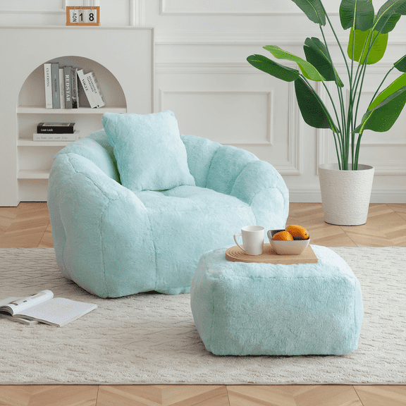 Lovableguy Oversized Bean Bag Chair for Adults and Kids,Shell-Shaped Fluffy Faux Fur Lazy Floor Sofa with Foot Stool for Living Room,Dorm,Light Blue