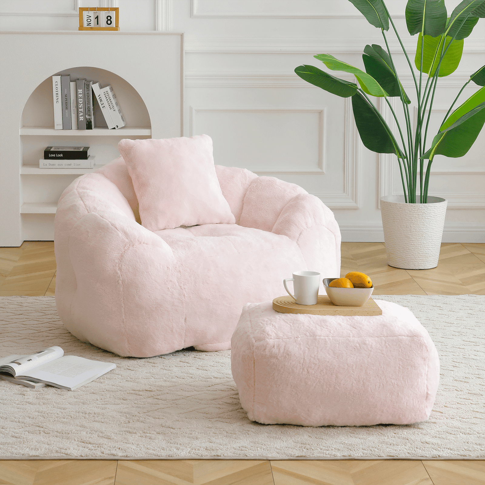Lovableguy Oversized Bean Bag Chair for Adults and Kids,Shell-Shaped Fluffy Faux Fur Lazy Floor Sofa with Foot Stool for Living Room,Dorm,Pink