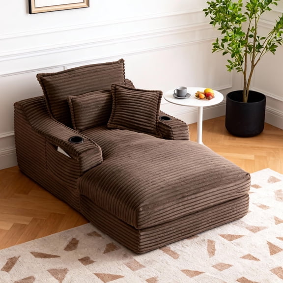 Lovableguy Oversized Chaise Lounge Chair Indoor,67'' Corduroy Boneless Single Cloud Sofa with Side Pockets and Cup Holders,Comfy Upholstered Reading Chair for Living Room Bedroom Apartment,Brown