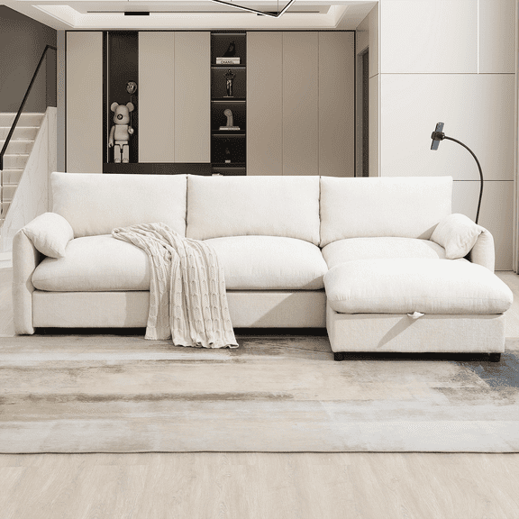 Lovableguy Oversized Chenille L Shaped Sectional Sofa,4 Seat Modular Cloud Couch with Storage Ottoman Set,Adjustable Phone Holder and USB Charger Side Pockets for Living Room Apartment,Beige