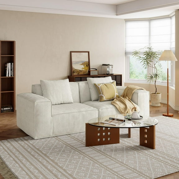 Lovableguy Oversized Compressed Loveseat Sofa,Upholstered Modular Convertible Sectional Couch,Extra Deep Seat,Corduroy Full Sponge Loveseat for Living Room,Bedroom,No Assembly Required,White