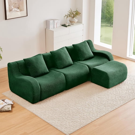 Lovableguy Oversized L Shaped Modular Boneless Couch with Movable Ottoman,Modern Teddy Sectional Sofa Set with Deep Seat,Comfy 3 Seater Cloud Couch for Living Room Bedroom,Green