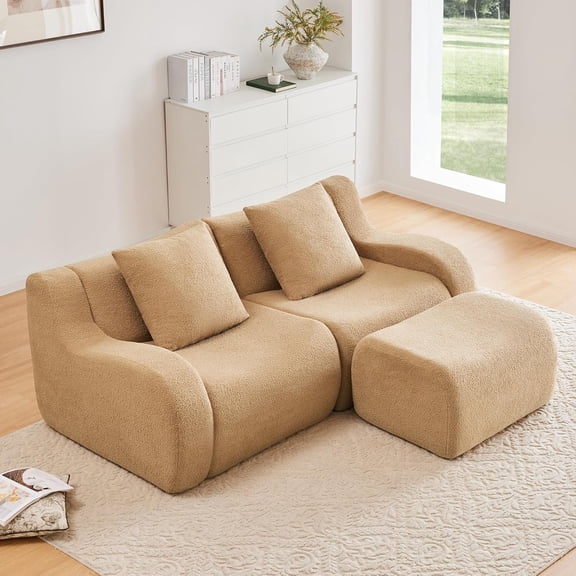 Lovableguy Oversized Modular Loveseat Couch with Movable Ottoman,Modern Teddy L Shaped Sectional Sofa Set with Deep Seat,Comfy 2 Seater Cloud Couch for Living Room Bedroom,Camel