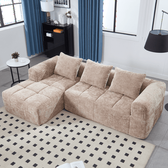 Lovableguy Oversized Modular Sectional Sofa,Modern Compression L-shaped Cloud Couch with Side Pockets and Deep Seat,Chaise Longue Equipped,for Living Room,Khaki