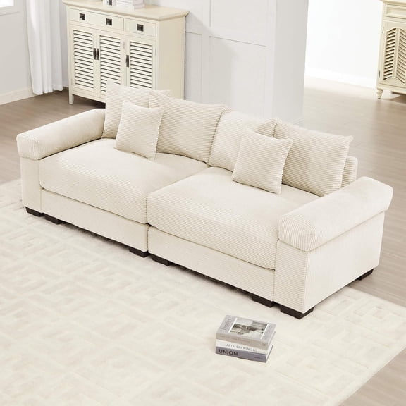 Lovableguy Oversized Sectional Modular Sofa,Corduroy Upholstered 2-Seater Cloud Couch with Extra-Wide Armrests,Comfy Loveseat for Living Room Bedroom Apartment,Beige