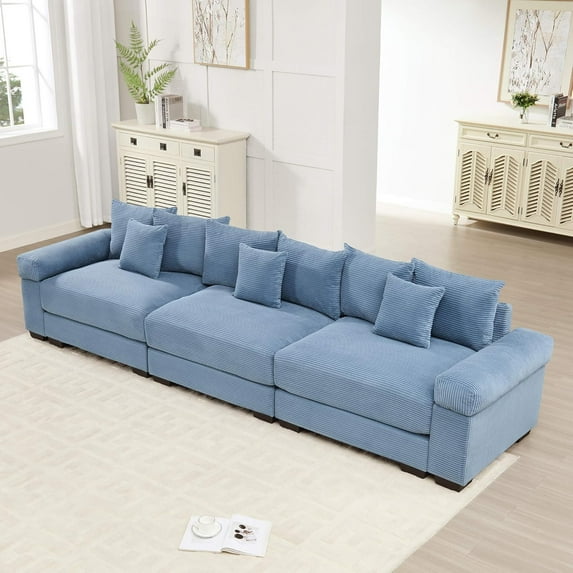Lovableguy Oversized Sectional Sofa,Corduroy Upholstered 3-Seater Cloud Couch with Extra-Wide Armrests,Comfy Modular Couches for Living Room Bedroom Apartment,Blue