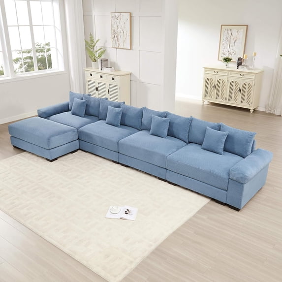 Lovableguy Oversized Sectional Sofa with Movable Ottoman,Corduroy L-Shaped Upholstered Cloud Couch,Comfy Modular Couches for Living Room Apartment,Blue