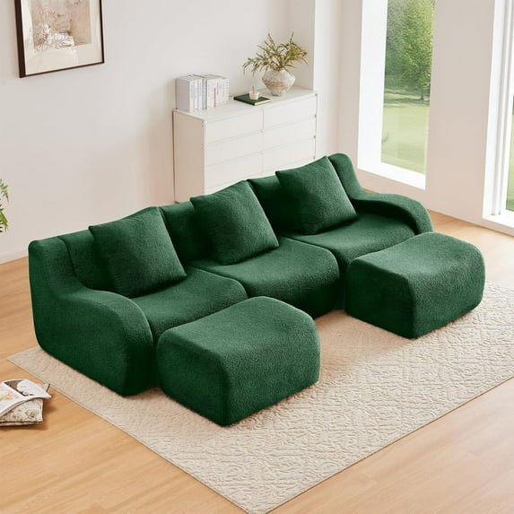 Lovableguy Oversized U Shaped Modular Boneless Couch with Movable Ottoman,Modern Teddy Sectional Sofa Set with Deep Seat,Comfy 3 Seater Cloud Couch for Living Room Bedroom,Green