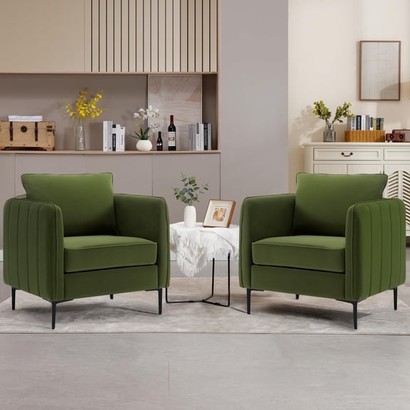 Lovableguy Velvet Accent Chair Set of 2,Mid-Century Modern Armchair with Metal Legs and Pillow,Single Sofa Side Chairs for Living Room Reading Room,Green