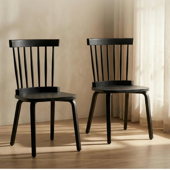 Lovableguy Windsor Dining Chairs Set of 2,Solid Wood Kitchen & Dining Room Chairs with Spindle Back and Widen Seat,Mid-Century French Country Style,for Living Room Restaurant,Black