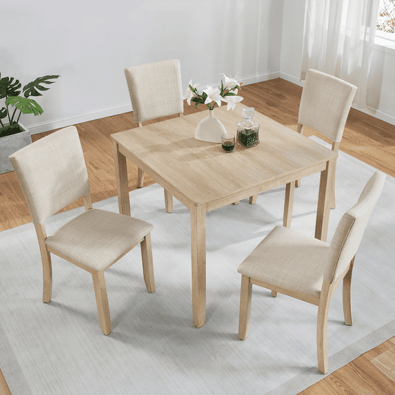 Lovableguy Wooden Farmhouse Dining Table Set for 4,5-Piece Kitchen Table & Dining Chairs Set with Linen Upholstered Seats,for Living Room,Kitchen,Light Oak & Beige
