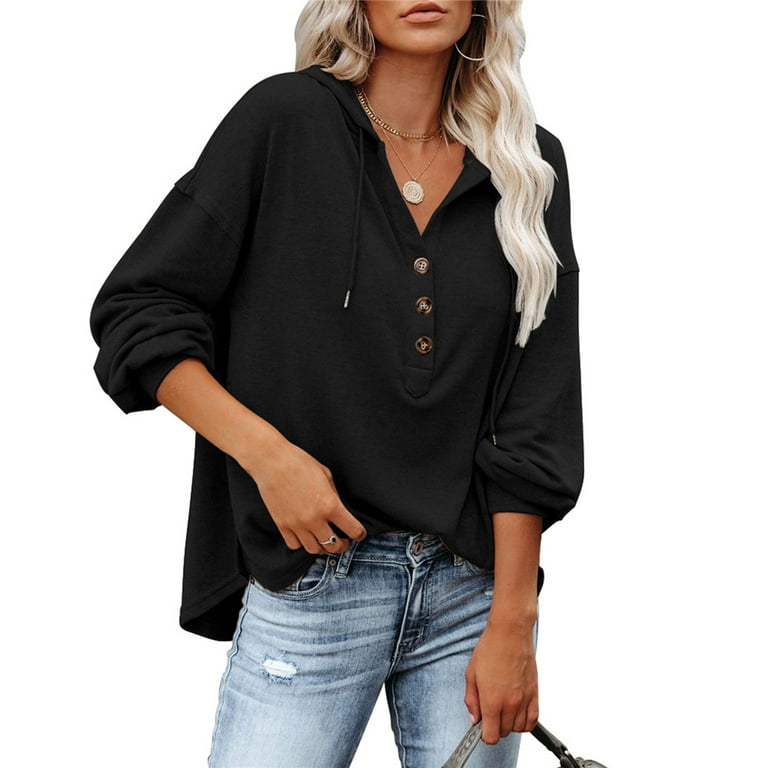 Lovaru Womens Oversized V Neck Button Down Sweatshirt Hoodie