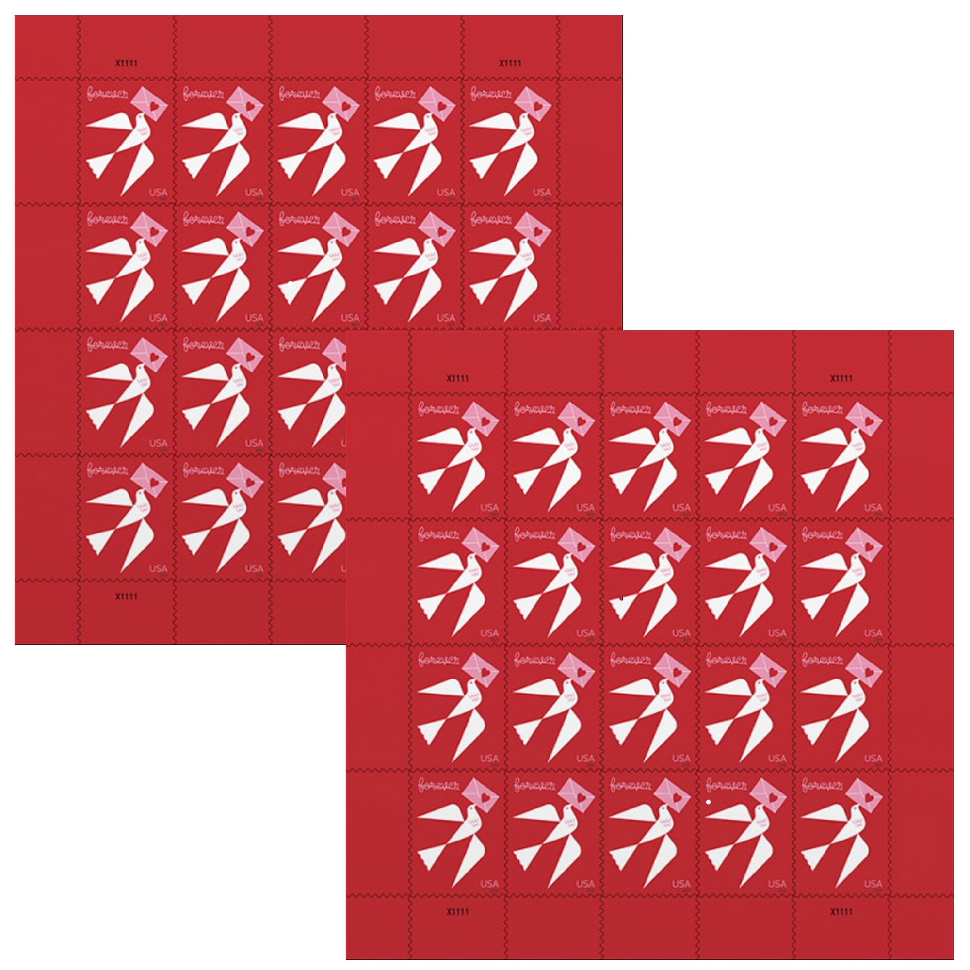 USPS Forever Heart Bird Stamps, Romantic Geometric Design, 20 Self