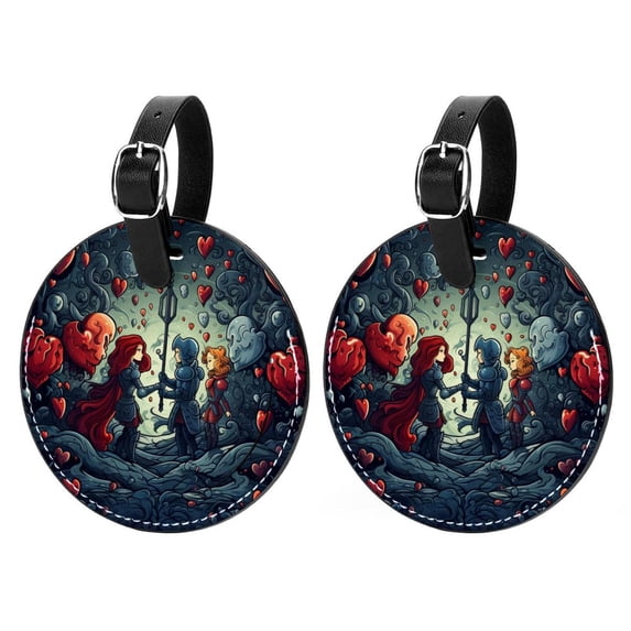 Love 2pcs PU Leather Round Bag Tags with Privacy Cover and Name ID Tag - Suitcase Tags for Travel Luggage, Handbags, Backpacks, School Bags
