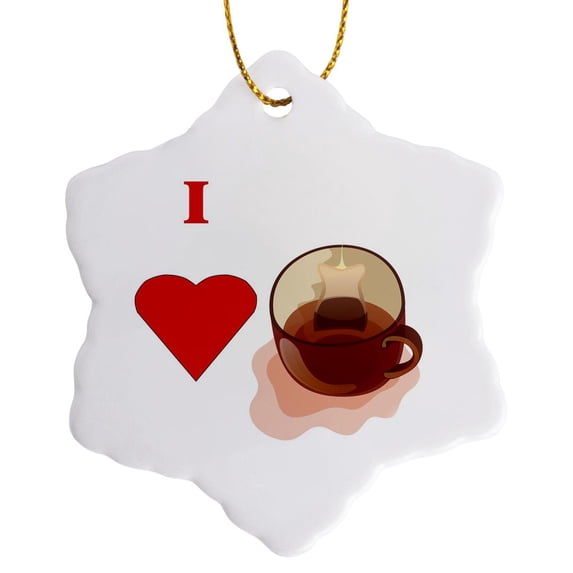 3drose, Love a Cup of Tea, 3 inch Snowflake Porcelain Ornament