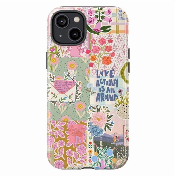 Love Actually Is All Around Floral Patchwork Phone Case, Inspirational Quote Cover for iPhone 17 16 15 14 13 12 11 Pro Max Mini