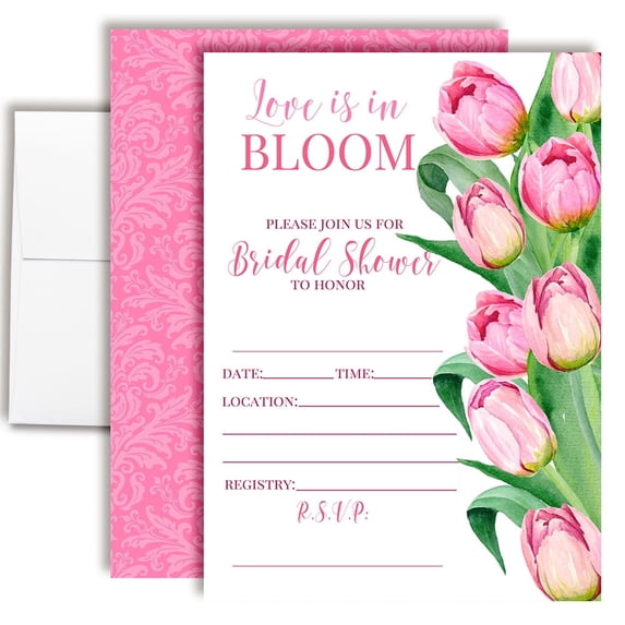 Love is in the Air Pink Tulip Bridal Shower Invitations, 20 Fill-In Cards with Envelopes, 5x7 Wedding Shower Invitates for Bride, Bridal Party Supplies and Decorations, Made in USA by Amanda Creation