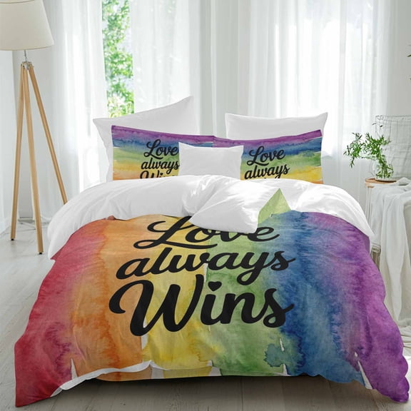 Love Always Wins Comforter Set California King Size, Abstract Watercolor Colored Stripes Soft Bedding Set for Man Woman, 4 Pieces Duvet Cover Set with Fitted Sheet, 2 Pillowcases