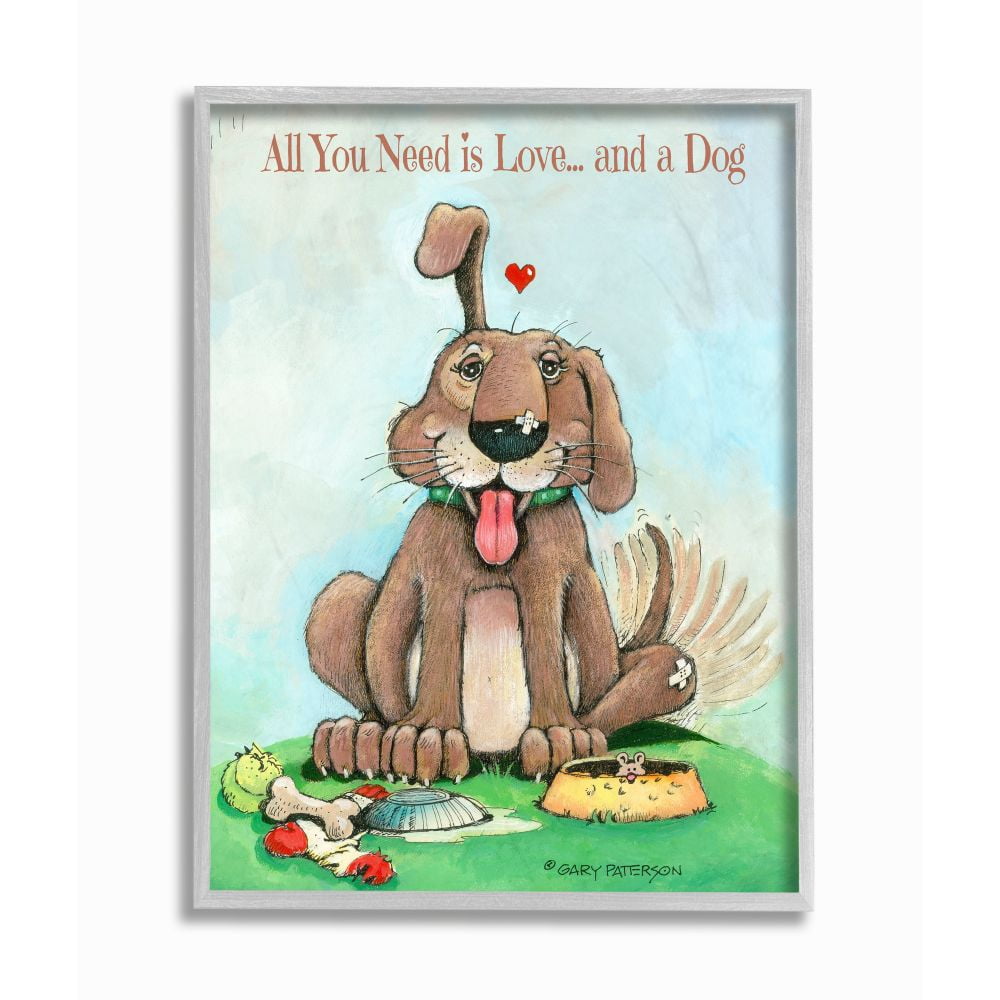 Love And A Dog Funny Pet Cartoon Design Gray Farmhouse Rustic Framed Giclee Texturized Art by Gary Patterson