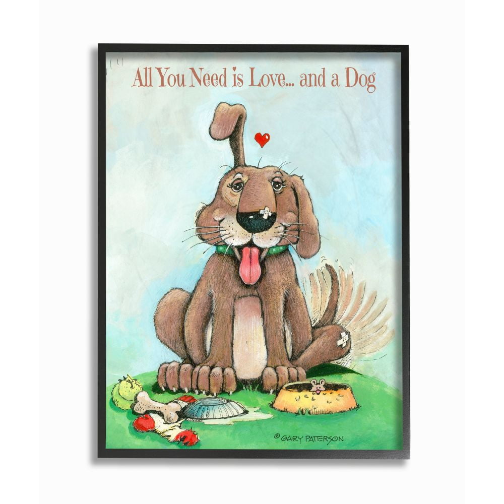 Love And A Dog Funny Pet Cartoon Design Oversized Framed Giclee Texturized Art by Gary Patterson