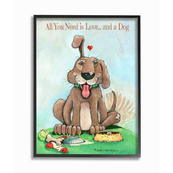 Love And A Dog Funny Pet Cartoon Design Oversized Framed Giclee Texturized Art by Gary Patterson