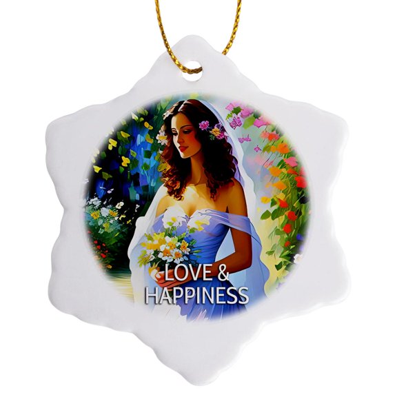 3drose, Love and Happiness. Lovely Bride with a Bunch of Flowers Card, Gift, 3 inch Snowflake Porcelain Ornament