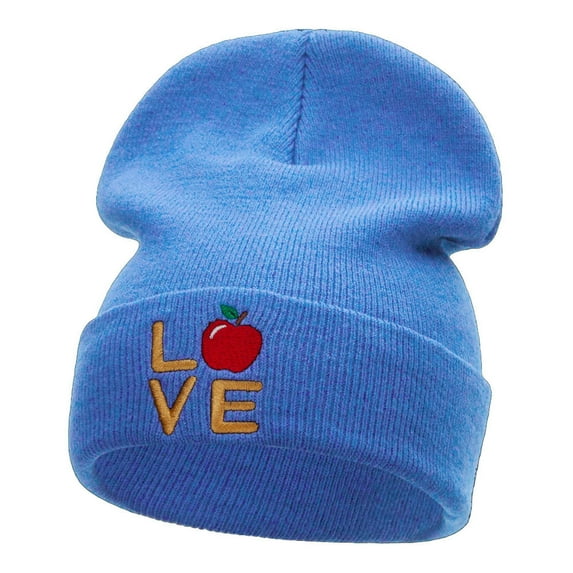 Love Apple Phrase Embroidered Long Knitted Beanie - Sky Blue OSFM