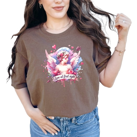 Love At First Sight Cupid Angel Heart Art TShirt Romantic Valentine Gift Watercolor Graphic Tee Cute and Unique Design, Espresso Comfort Colors T-Shirt, XL