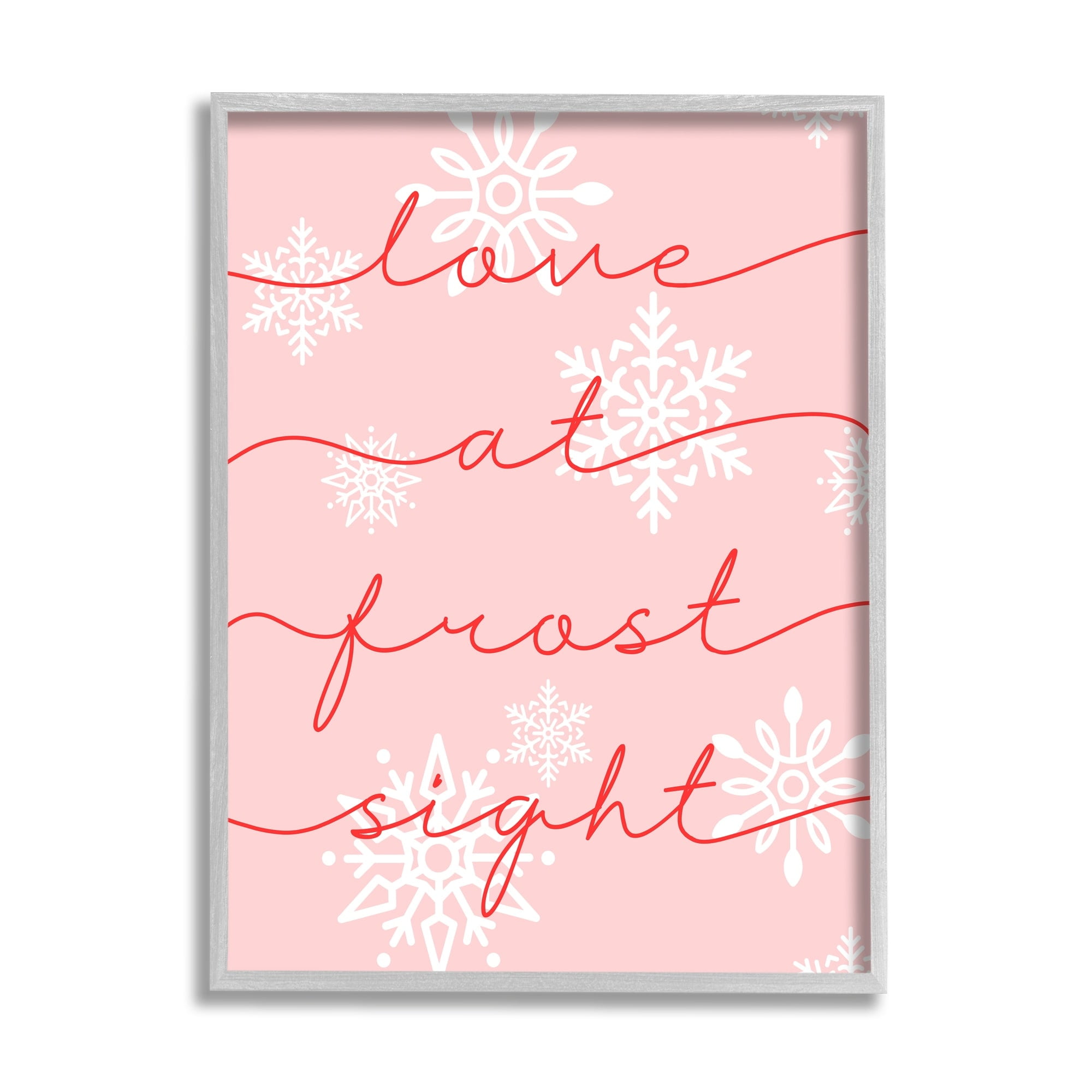 Love At Frost Sight Romantic Pink Snowflakes Quote Holiday Graphic Art Framed Art Print Wall Art