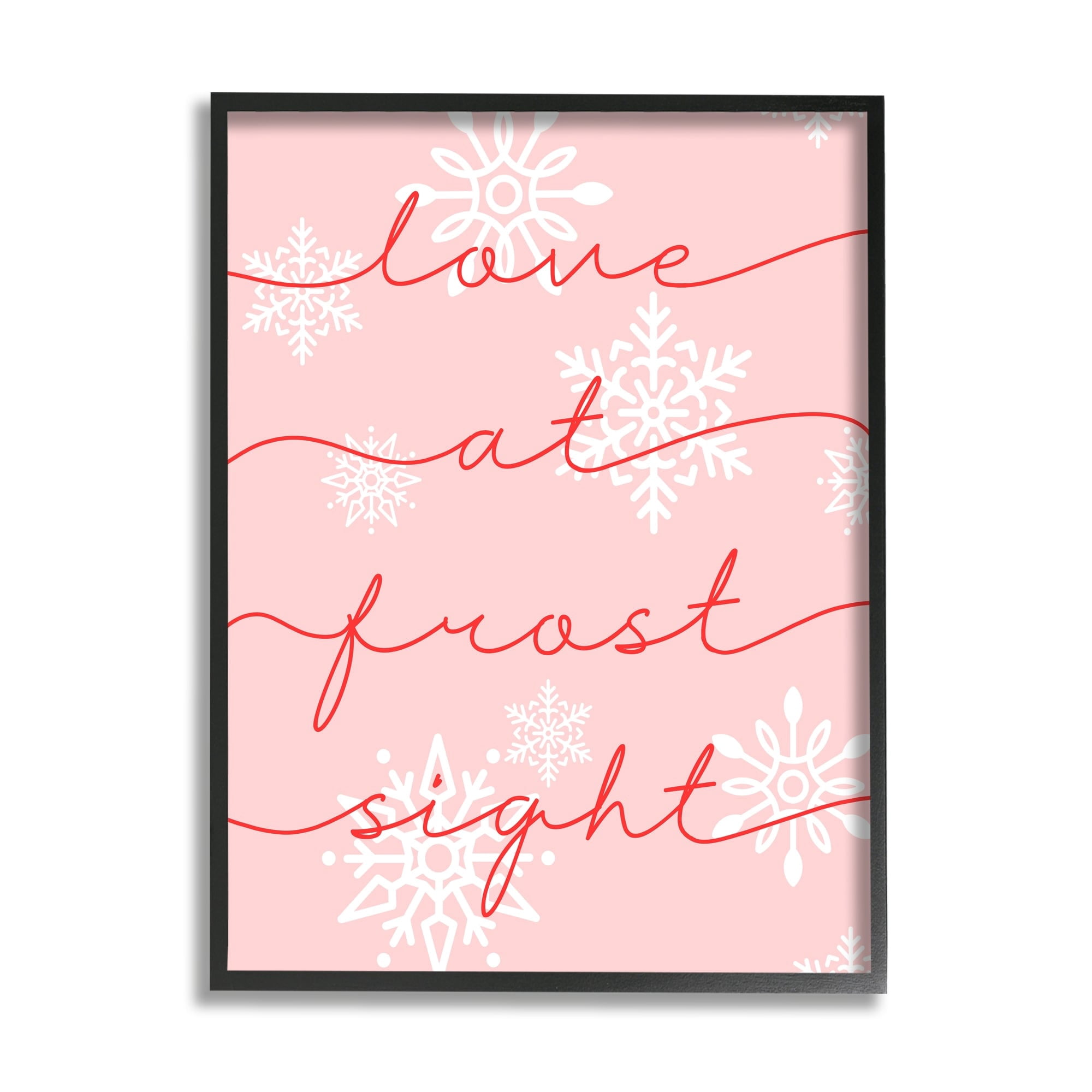 Love At Frost Sight Romantic Pink Snowflakes Quote Holiday Graphic Art Framed Art Print Wall Art