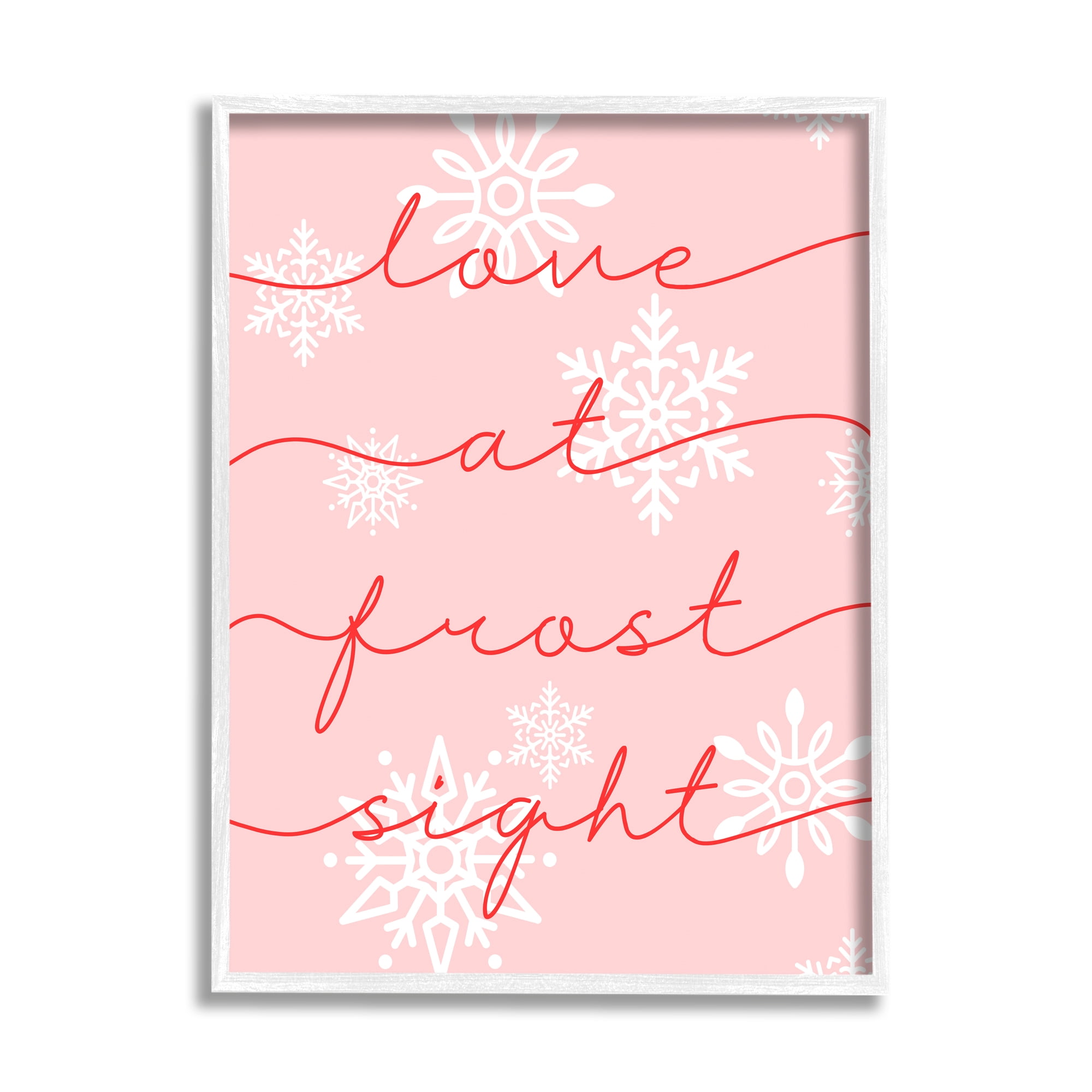 Love At Frost Sight Romantic Pink Snowflakes Quote Holiday Graphic Art Framed Art Print Wall Art