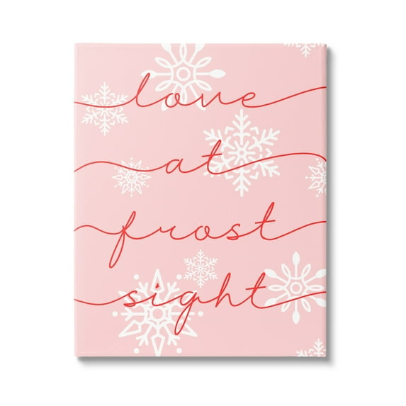 Love At Frost Sight Romantic Pink Snowflakes Quote Holiday Graphic Art Gallery-Wrapped Canvas Print Wall Art