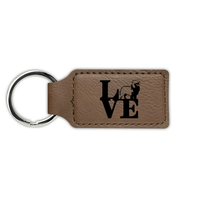 Rayd Workshop Love Australian Shepherd Keychain Leatherette Rectangle Laser Engraved Many Colors Key Chain Ring Park Aussie Dark Brown