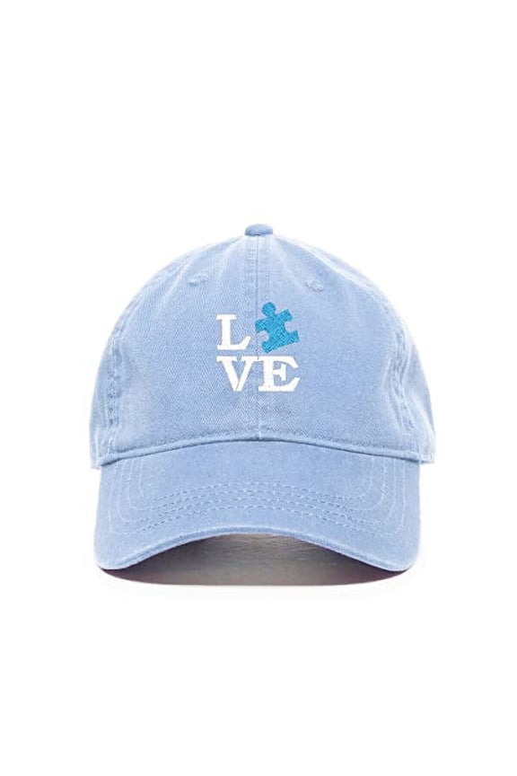 Love Autism Puzzle Baseball Cap Embroidered Cotton Adjustable Dad Hat Light Blue