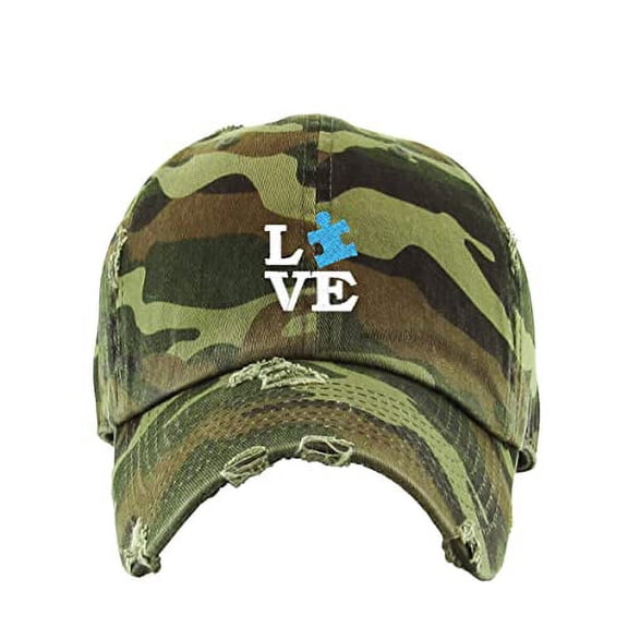 Love Autism Puzzle Vintage Baseball Cap Embroidered Cotton Adjustable Distressed Dad Hat Camo