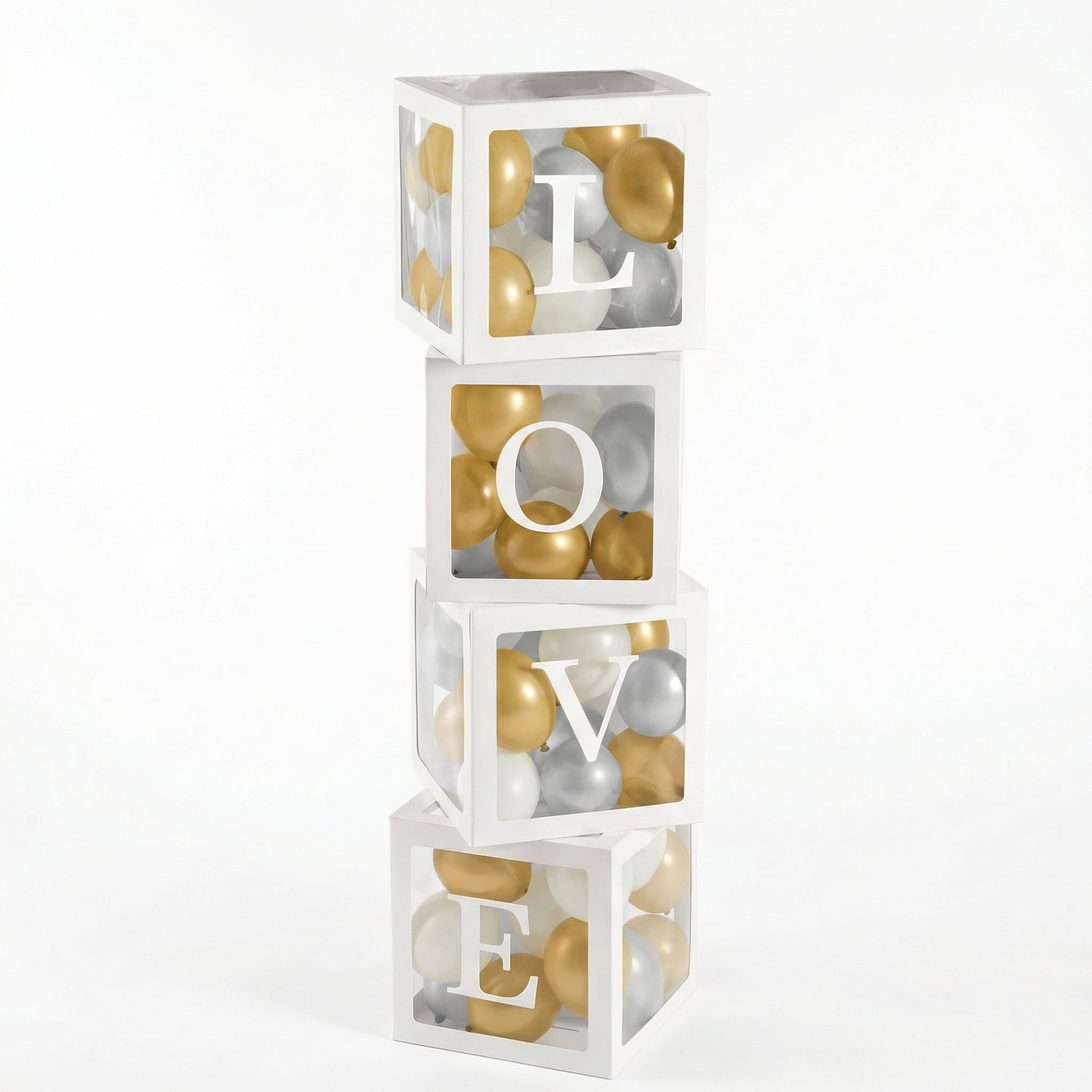 Love Balloon Boxes Set of 5 with 65 Gold & Silver Latex Balloons, 11.75in Cardstock Party Decoration Boxes, Easy Assemble for Birthday, Wedding, Engagement, Anniversary