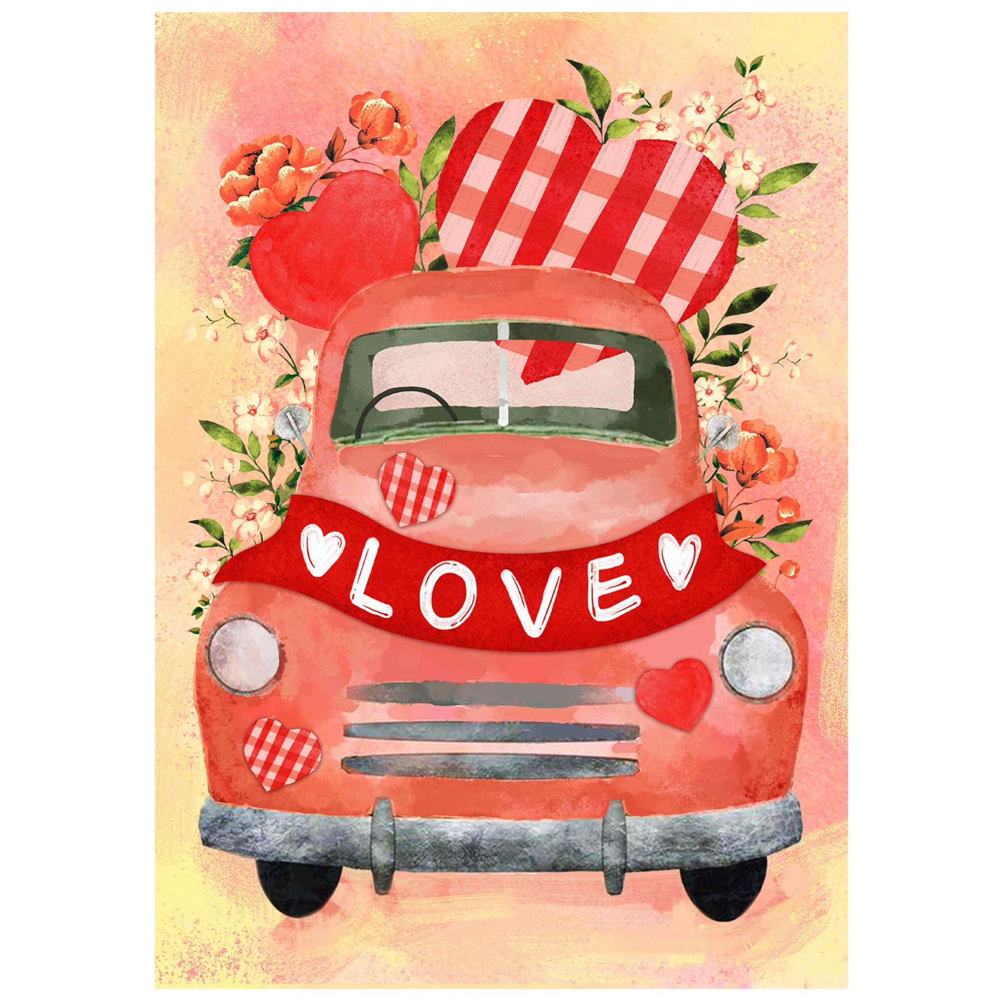 Love Banner and Vintage Car Garden Flag 12.5" x 18"