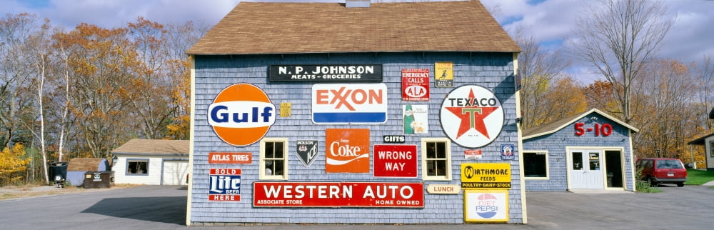 Love Barn with road signs Orland Maine Canvas Art - Panoramic Images (27 x 9)